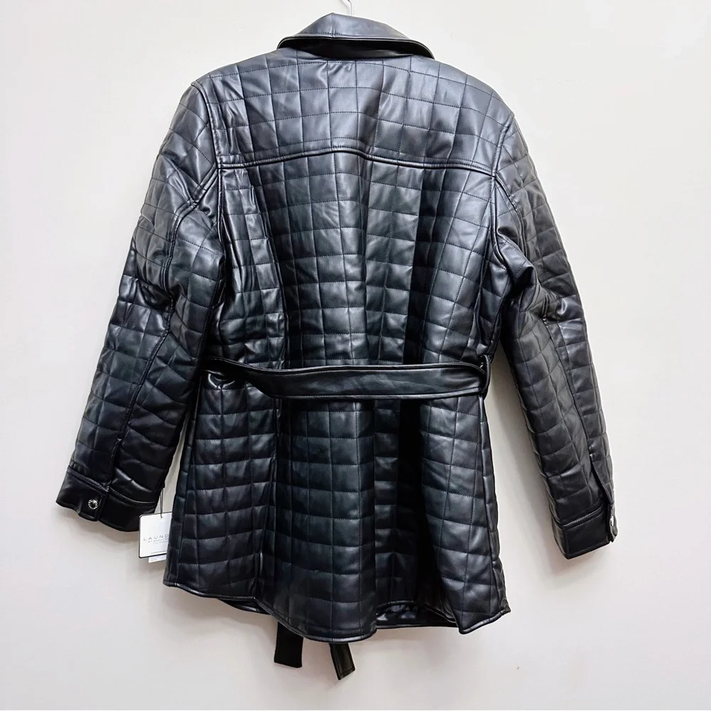 Laundry by Shelli Segal Quilted Faux Leather Tie Waist Button Up Jacket Coat - Picture 7 of 7